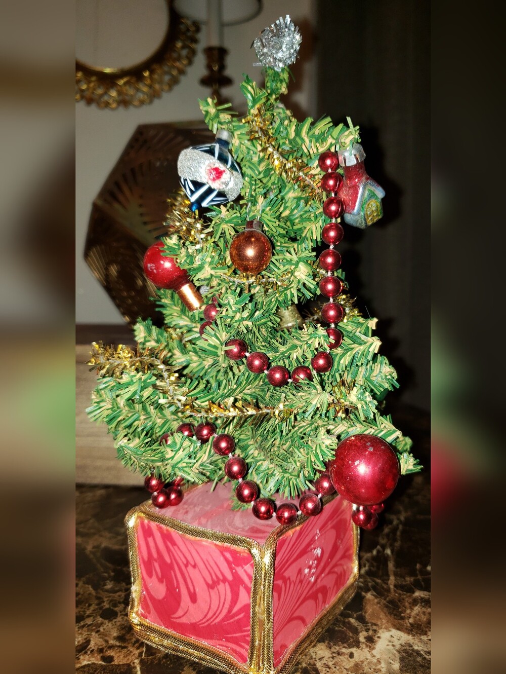 Vintage Table Top Tree With Minature Vintage Glass Ornaments